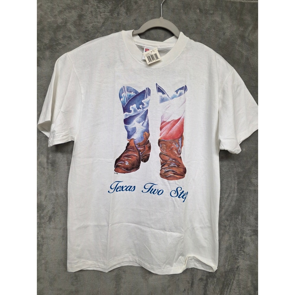 Vintage Hanes Single Stitch Texas Two Step T-Shirt Mens Large White Cowboy Boots